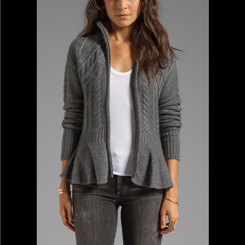 Peplum‎ Jacket in Flannel AUTUMN CASHMERE Gray Cable-Knit Peplum Zip Sweater